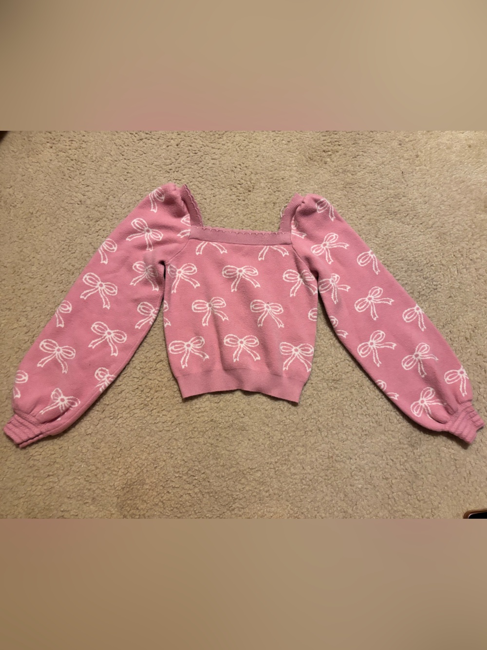 Pink Bow-Pattern Puff Sleeve Women's Sweater